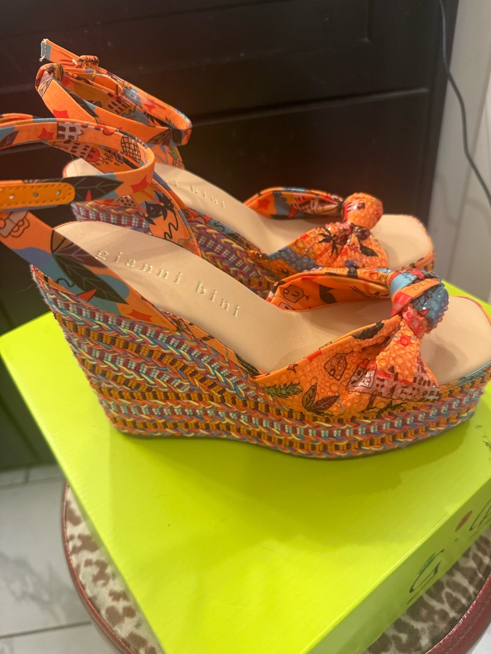 Gianni Bini Sanders Orange Multicolor Embellished Wedge Sandals 8.5